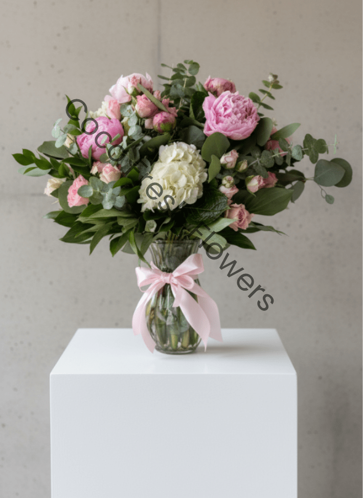 Pink and white bouquet in a glass vase with a ribbon