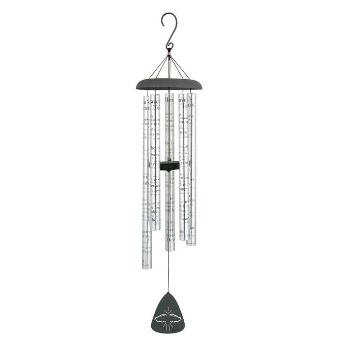 Hanging wind chime with clear tubes and a dark top and striker