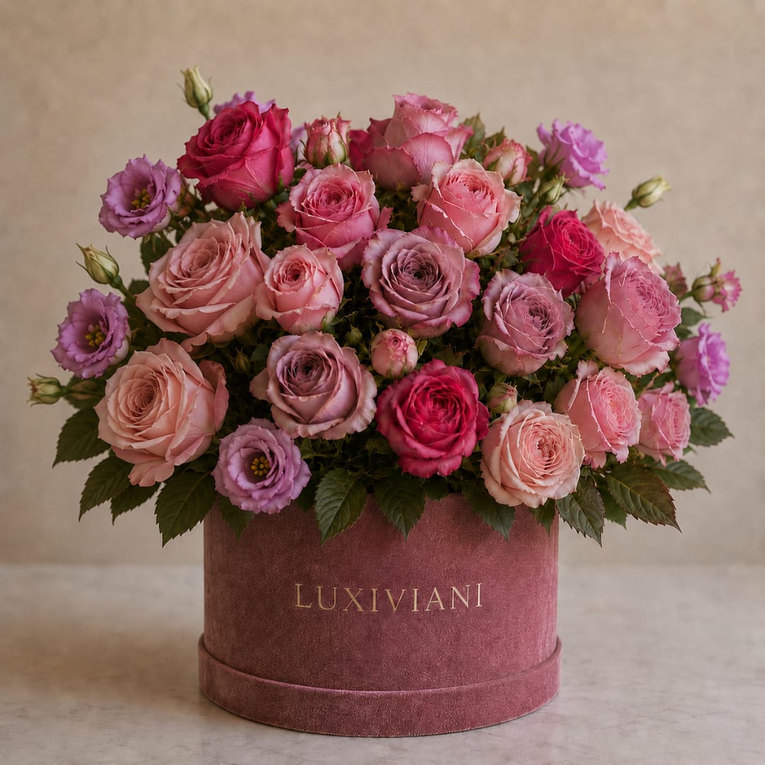 Pink and lavender roses arranged in a round hatbox