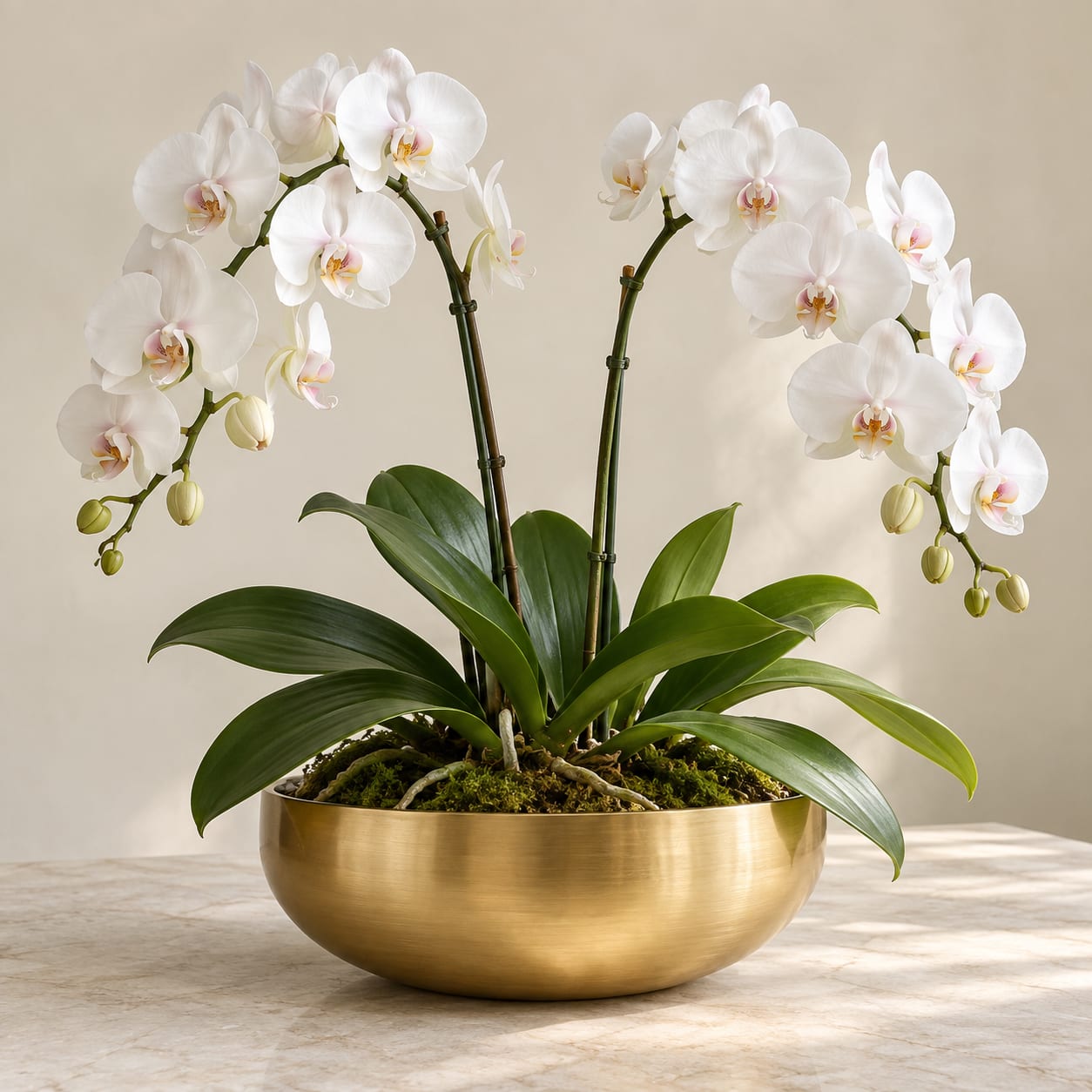 White orchids in a gold bowl planter