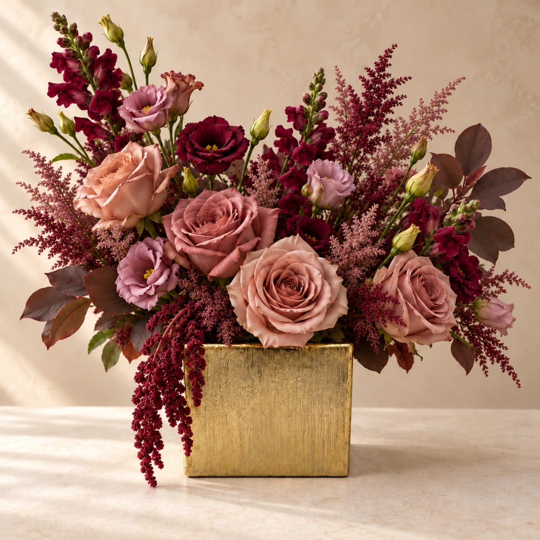 Pink and burgundy roses arranged in a gold square vase
