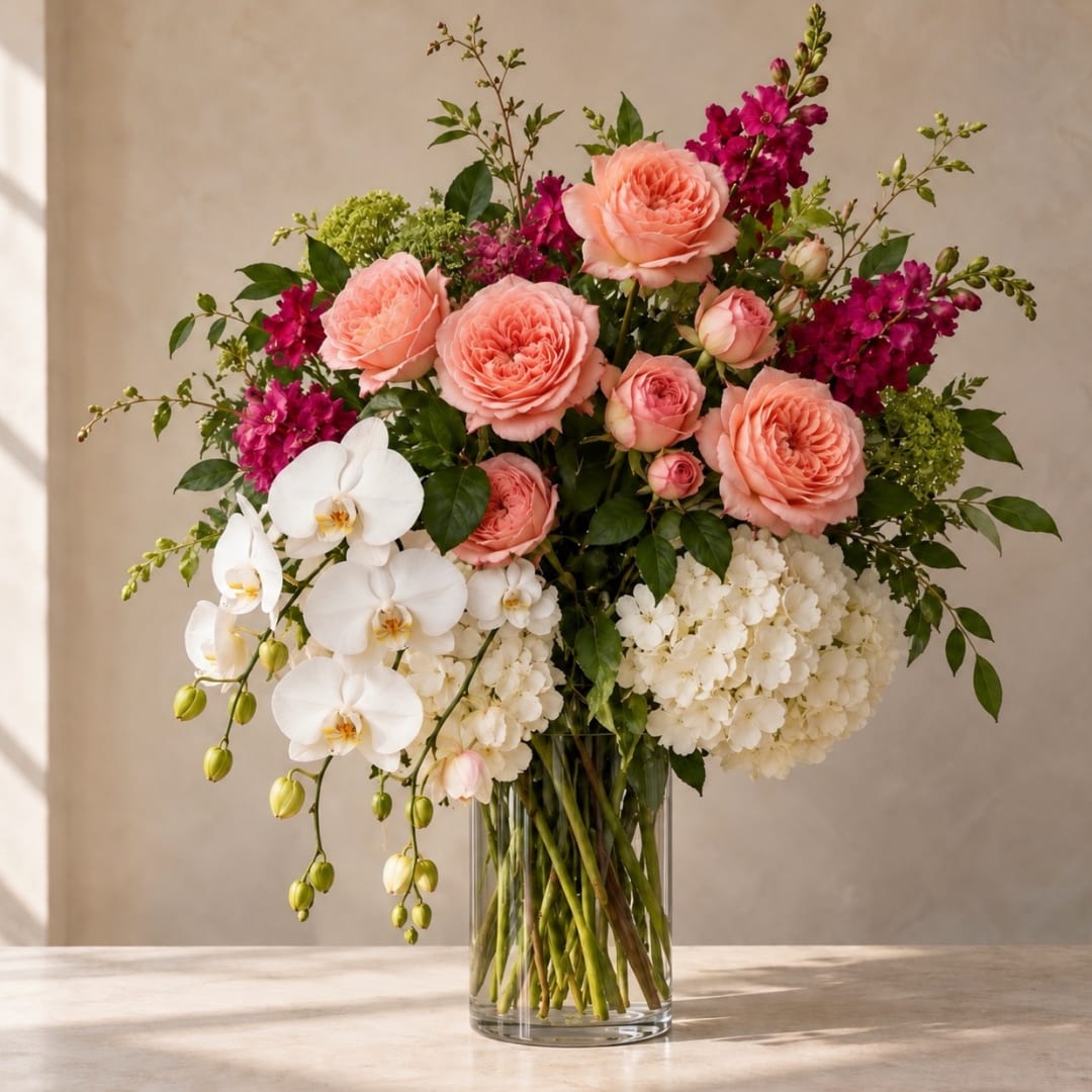 Pink roses and white orchids in a clear glass vase