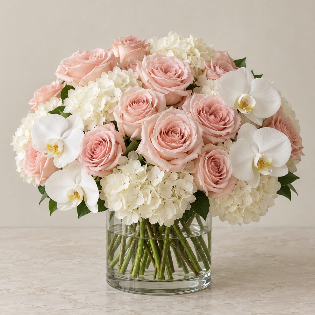 Pink roses and white orchids in a clear glass vase