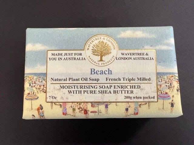 Wrapped bar of Beach soap with a seaside label