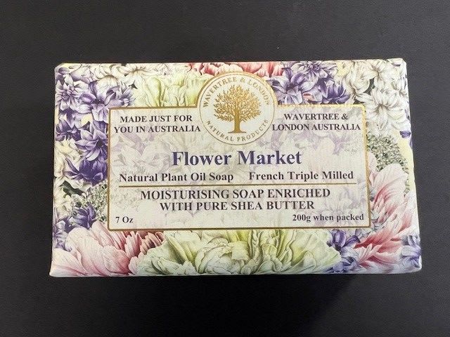 Flower Market soap bar in floral printed packaging