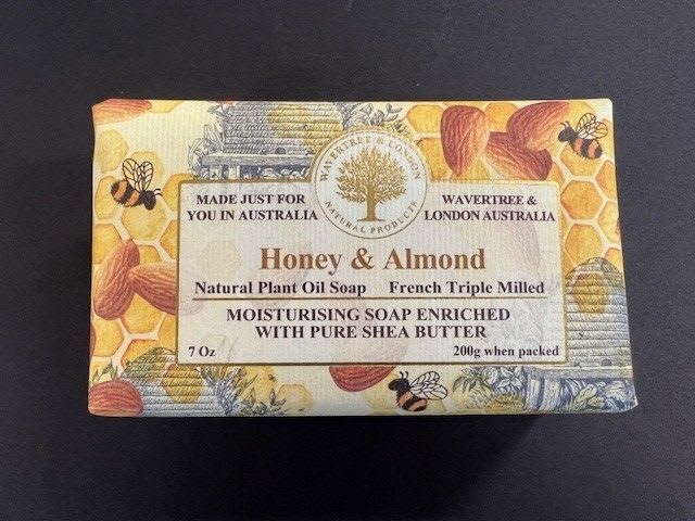 Box of honey and almond soap with bee and honeycomb artwork
