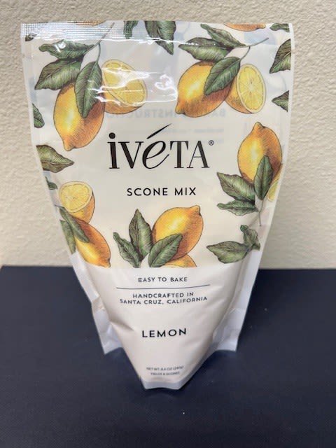 Lemon scone mix in a white pouch with lemon illustrations