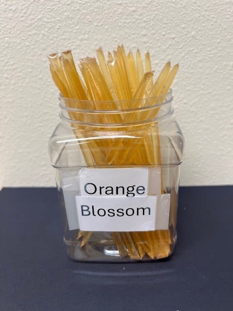 Clear jar filled with orange blossom stems or picks