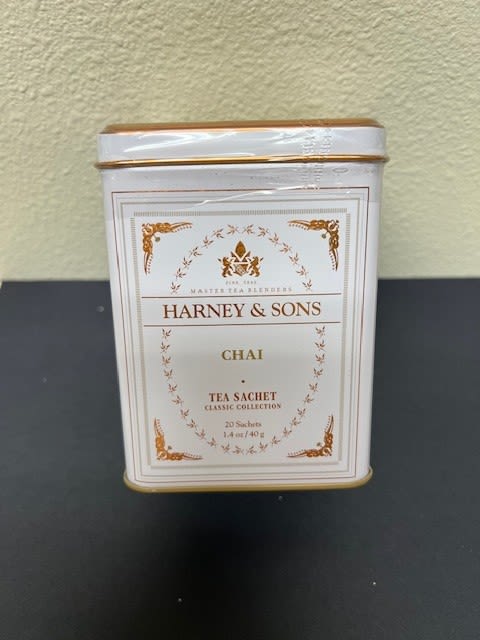 Tin container of Harney &amp; Sons chai tea sachets