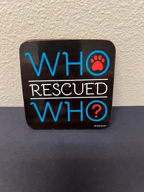 Black sign with blue and white text reading WHO RESCUED WHO