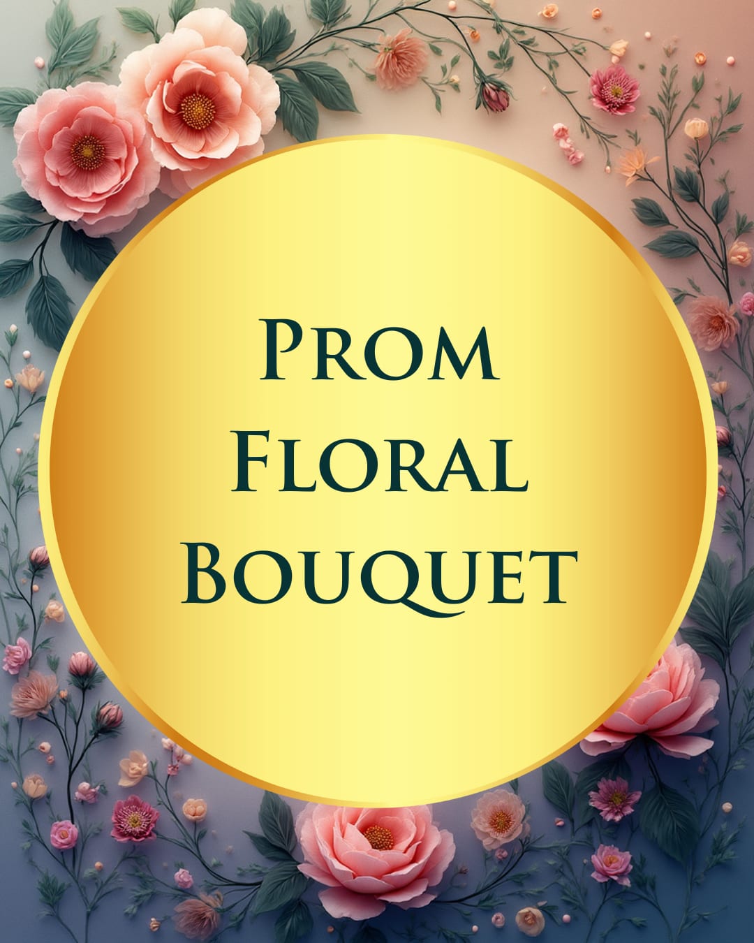 Prom floral bouquet graphic with pink flowers and a yellow circle