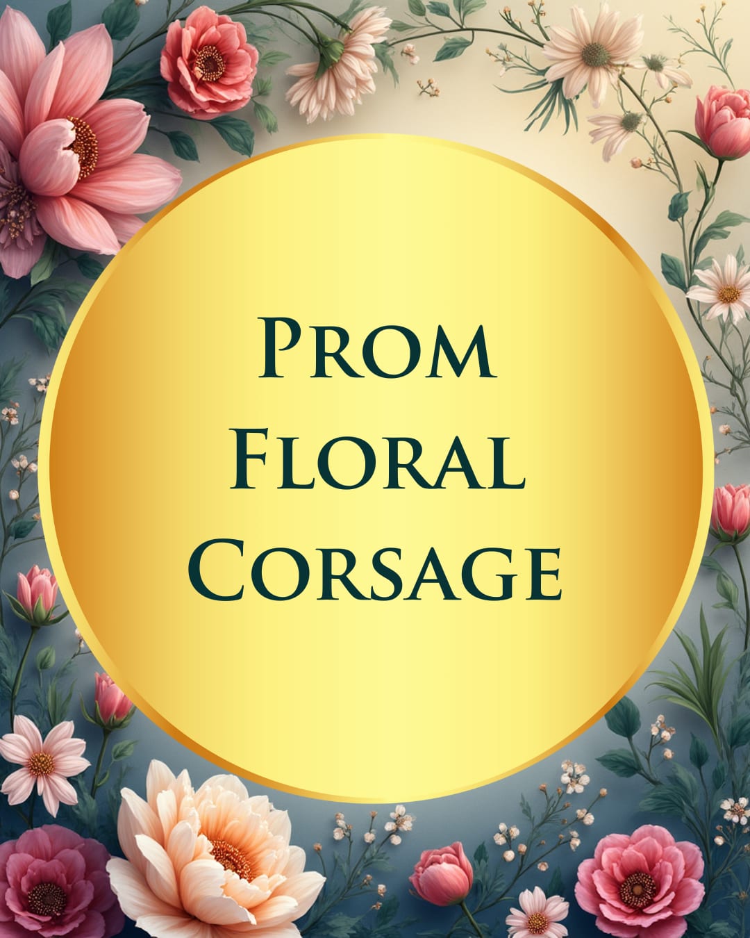Floral prom corsage graphic with pink and peach flowers around a yellow circle