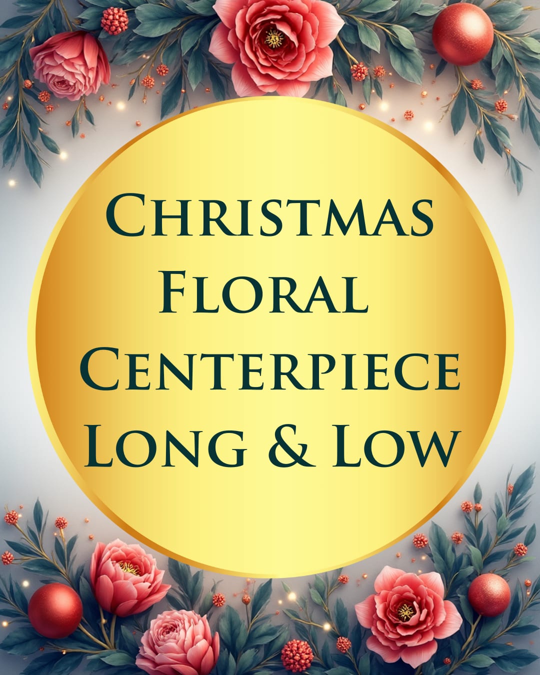 Christmas floral centerpiece sign with pink flowers and ornaments