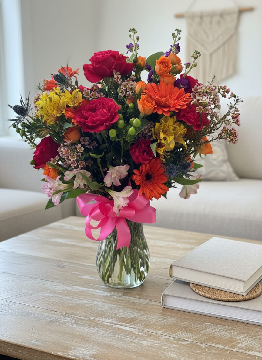 Blushing garden  - A bold, color-soaked bouquet that reads like a sunlit garden-perfect as a birthday bouquet, a thank-you gift, or a bright romantic surprise. Blushing garden mixes saturated pink, orange, yellow, red and purple blooms so the person you're thinking of will feel celebrated the moment it arrives; the rose-forward palette adds a warm, slightly romantic edge while the gerbera daisies and alstroemeria keep the mood playful and energetic.  Dense, rounded and full of texture, this arrangement pairs large roses and gerbera daisies with alstroemeria, small filler blooms and berry-like accents for lively movement and visual depth. Stems are gathered in a clear glass vase so the fresh cut stems are visible, and a large pink ribbon tied at the neck gives the design a polished, gift-ready finish. The vivid mixed colors and varied flower sizes make it a versatile everyday arrangement that feels festive without being over-the-top.  Choose this for celebrating birthdays, sending a bright thank-you, or surprising someone special just because-she'll feel genuinely seen and uplifted by the joyful color mix. Vase-ready and arranged for immediate display; refresh water every few days and trim stems if you'd like to extend vase life.