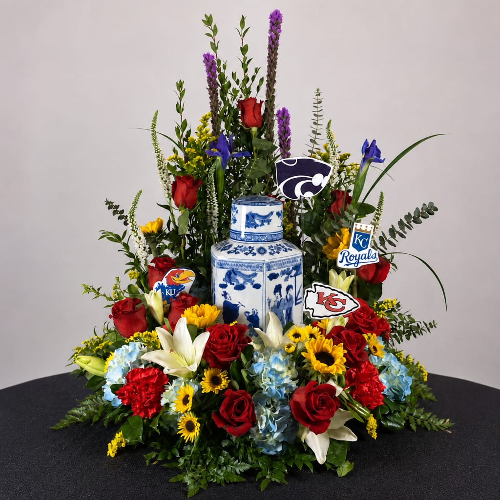 Large floral arrangement with red roses, lilies, and blue hydrangeas around a blue-and-white vase