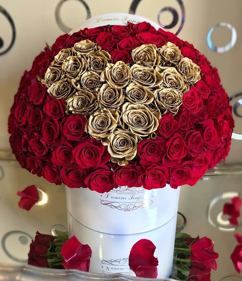 The Heart of Gold Signature Box  - 100 Red Roses with Gold Heart of Roses  You can change the color of your Signature Box below!
