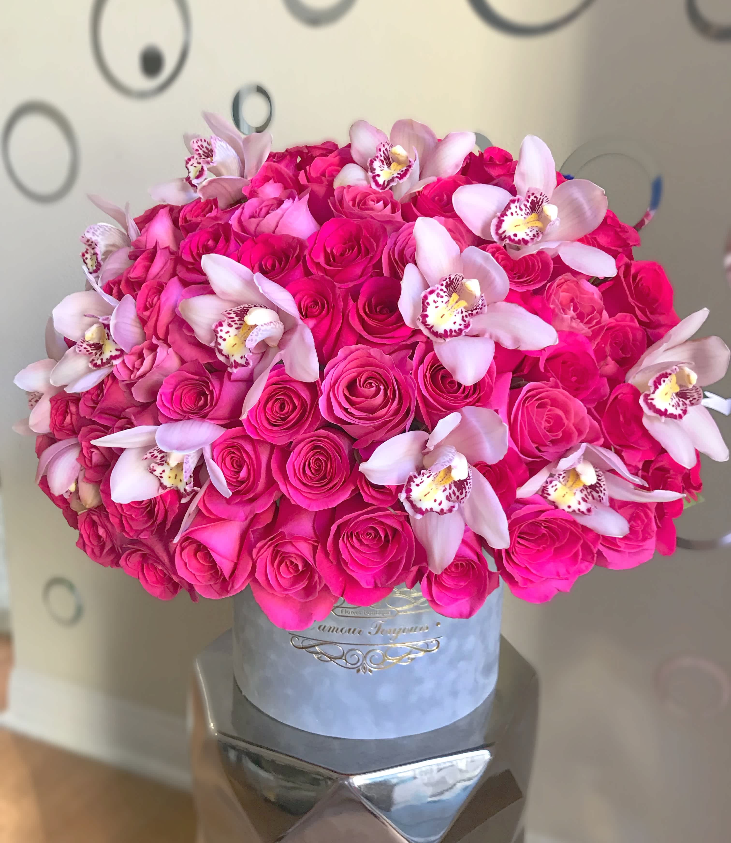 Gray Velvet Signature Box - 75 Premium Roses with cymbidium orchids in a Velvet Box