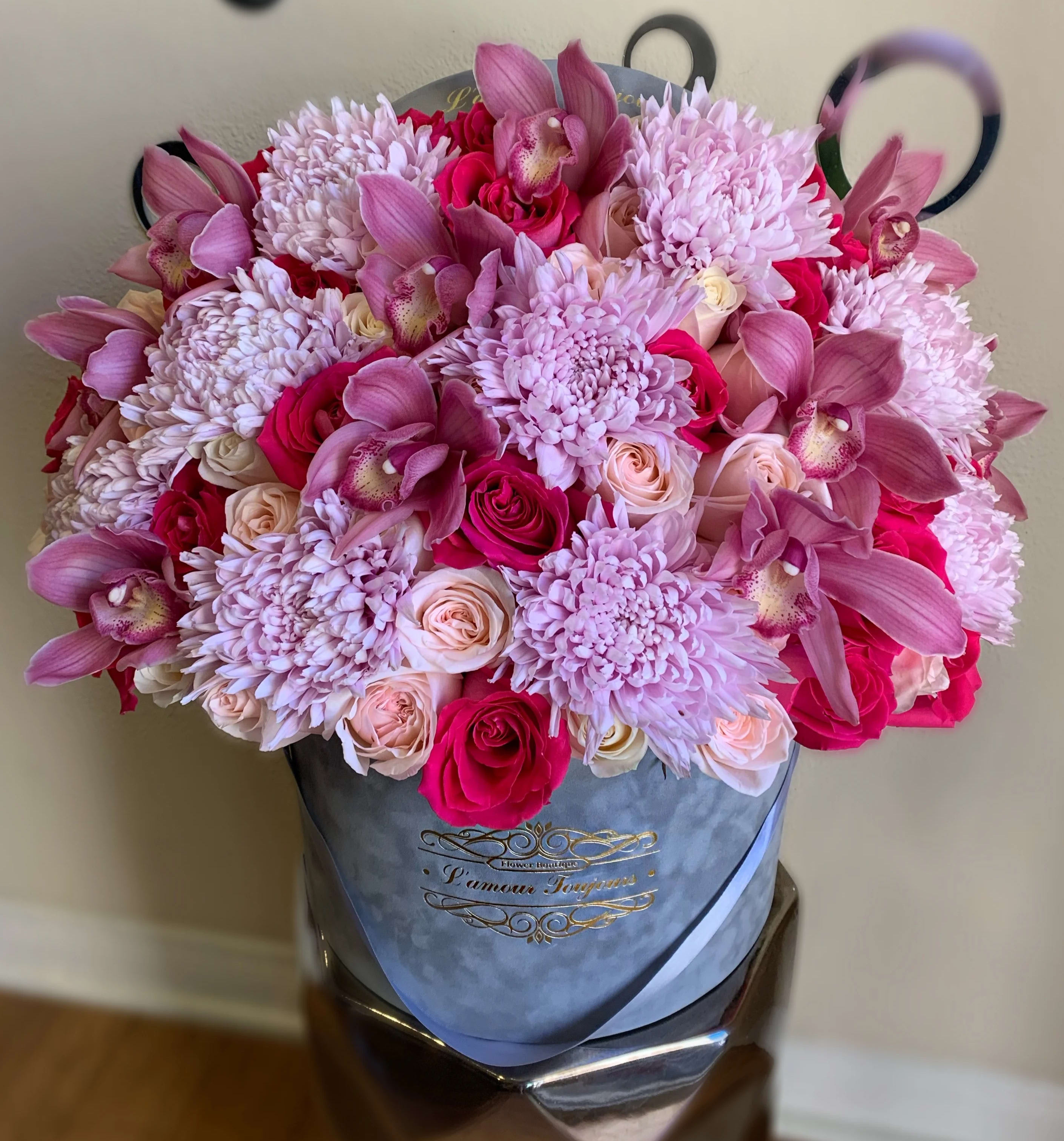 Fabulous Signature Flower Box - Luxurious mix of premium roses, orchids and chrysanthemums in our Velvet Signature box