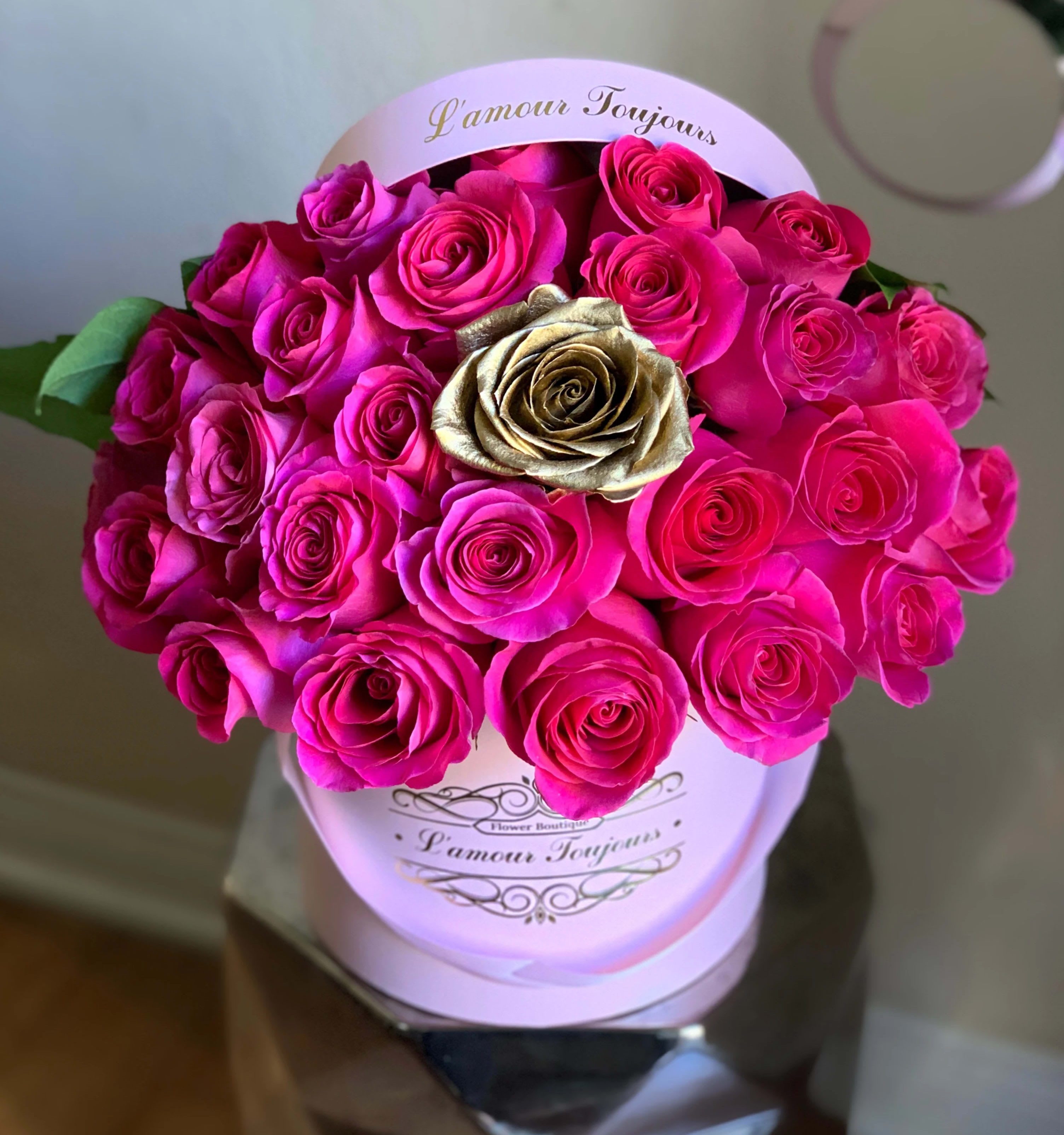 Hot Pink and Gold Signature Box - 25 Premium fresh roses in our Signature Box