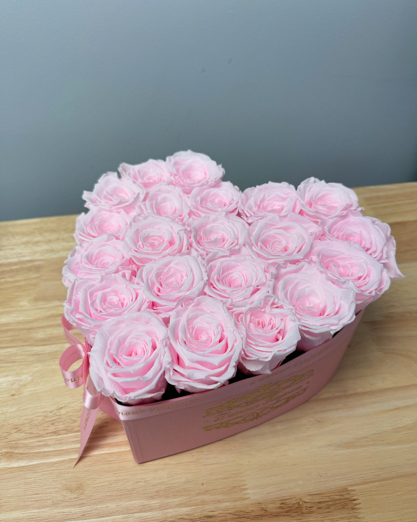 Everlasting Heart Signature Box - pink on pink - Premium Everlasting roses in our heart-shaped signature box. Everlasting roses are real roses that last over 3 years. 