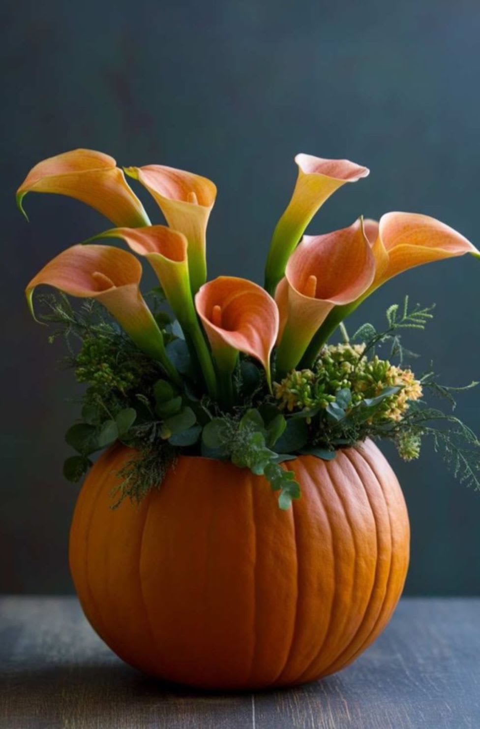 Autumn Grace Pumpkin Arrangement - Celebrate the beauty of the season with our Autumn Grace Pumpkin Arrangement, exclusively at Braly Blooms. This stunning design features a fresh, hand-carved pumpkin filled with elegant calla lilies, lush seasonal greenery, and a touch of natural texture for a sophisticated fall look. Perfect as a centerpiece or a thoughtful gift, this arrangement blends modern floral artistry with the warmth and charm of autumn — a true statement piece for any home or event.