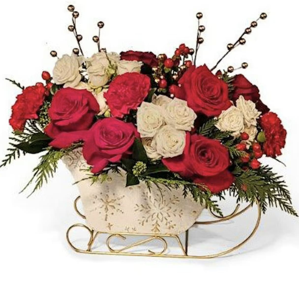 Sleighful of Holiday Roses - Send a dash of holiday magic with our Sleighful of Holiday Roses. This festive arrangement features lush red roses paired with seasonal greenery, artfully designed in a charming decorative sleigh. Sleigh style may vary based on availability, but each one brings the same joyful spirit and timeless holiday charm. Perfect as a centerpiece, gift, or cheerful addition to any festive décor.