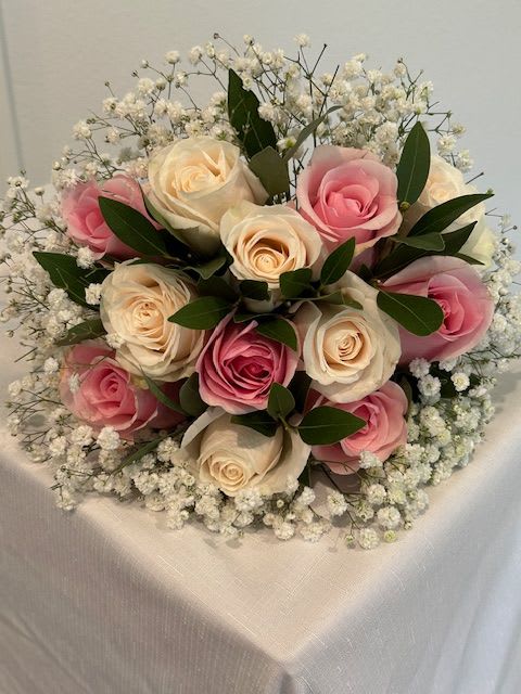 Enchanted Moment Bouquet - One dozen mix Rose hand bouquet wrapped in silk ribbon of your choice.  Ribbon colors: White, Cream, Pink, Lavender, Royal Blue, Black or Oyster.  This mini bouquet can be used for any special occasion such as Quinceanera or Wedding