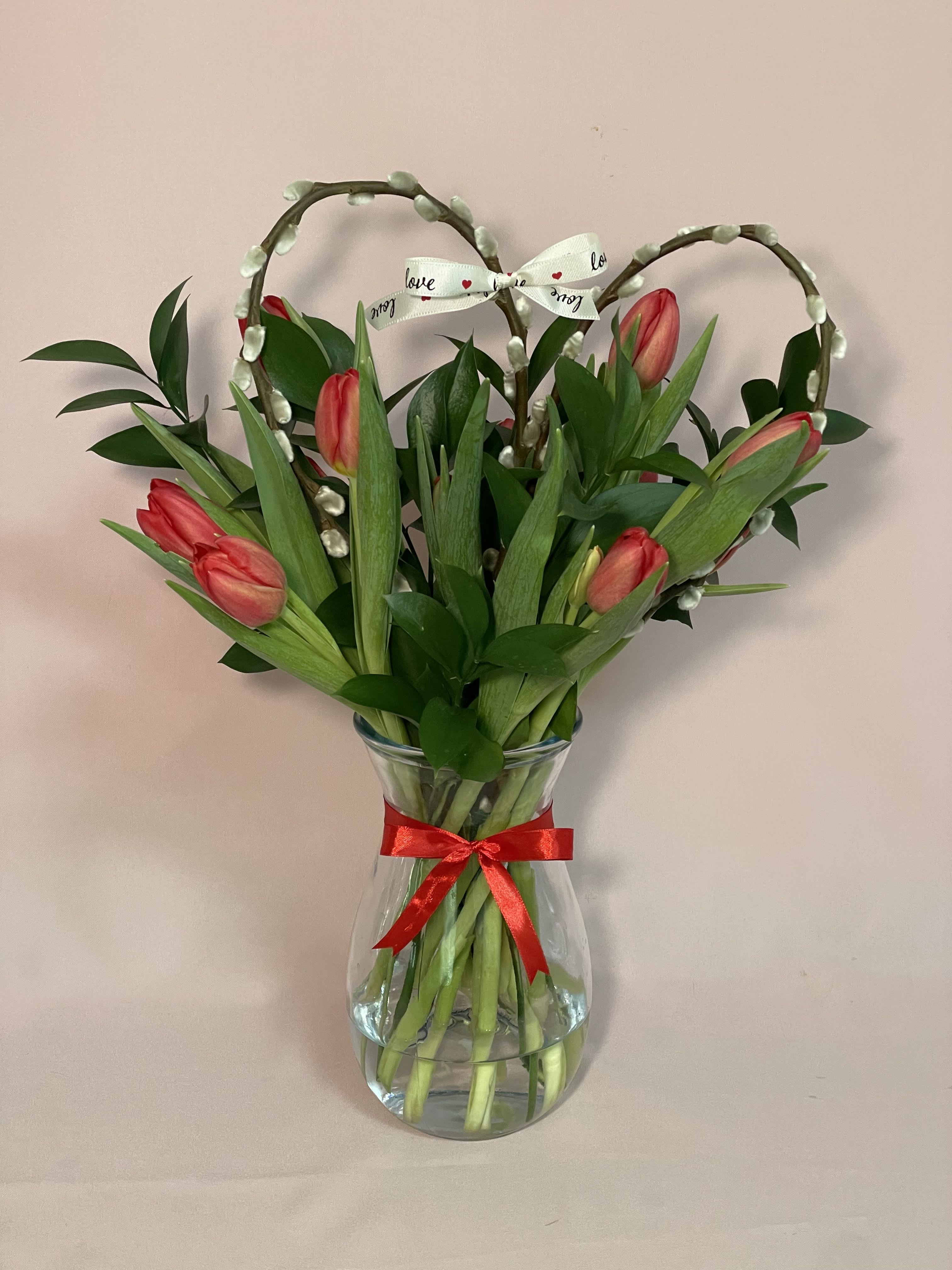 Velvet Love - Red tulips with seasonal greens and a heart willow.  