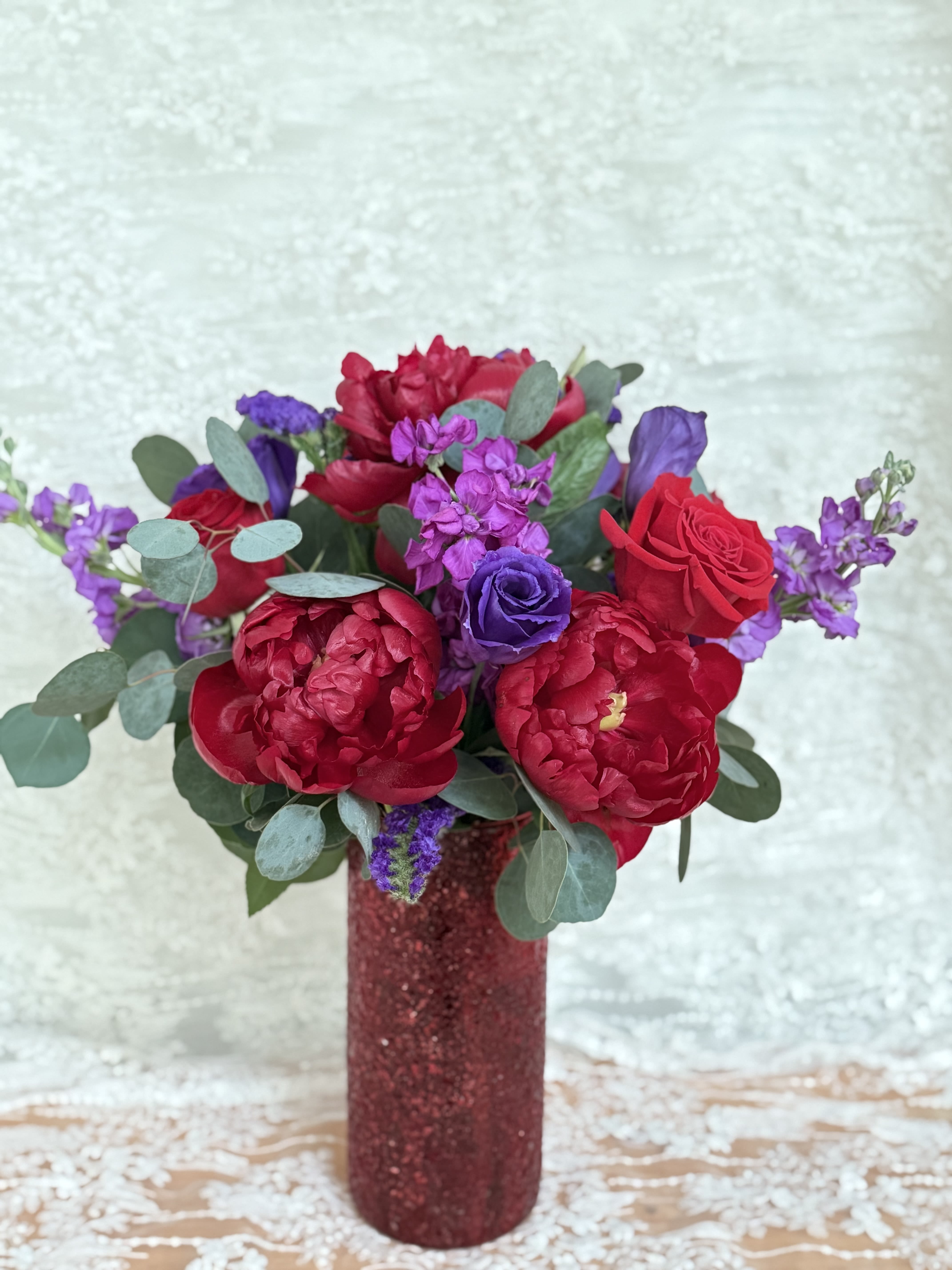 Peony Love - Peonies, roses, lisianthus, stock, statice and eucalyptus 
