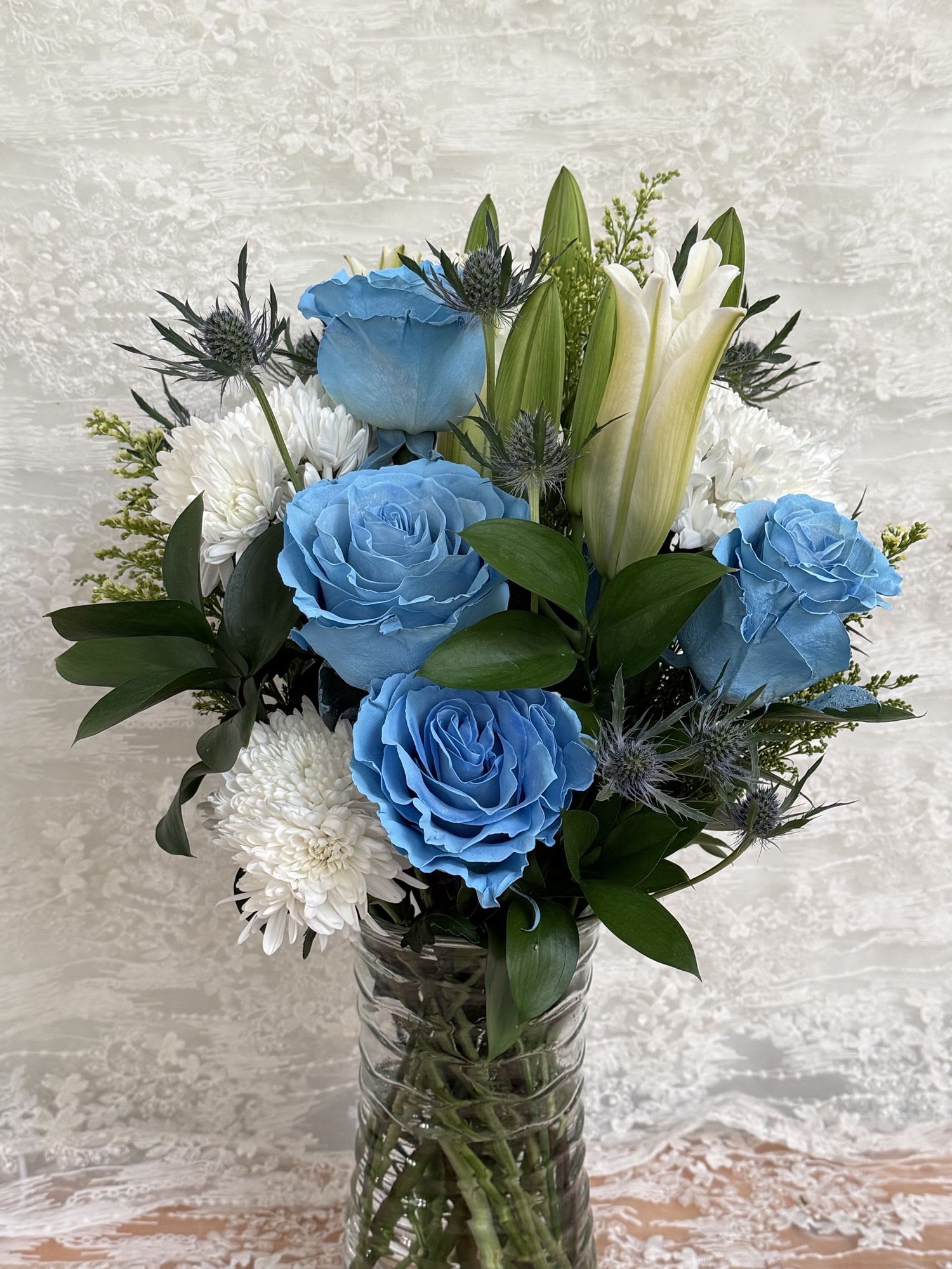 Blue Sky - light blue and white flower arrangement