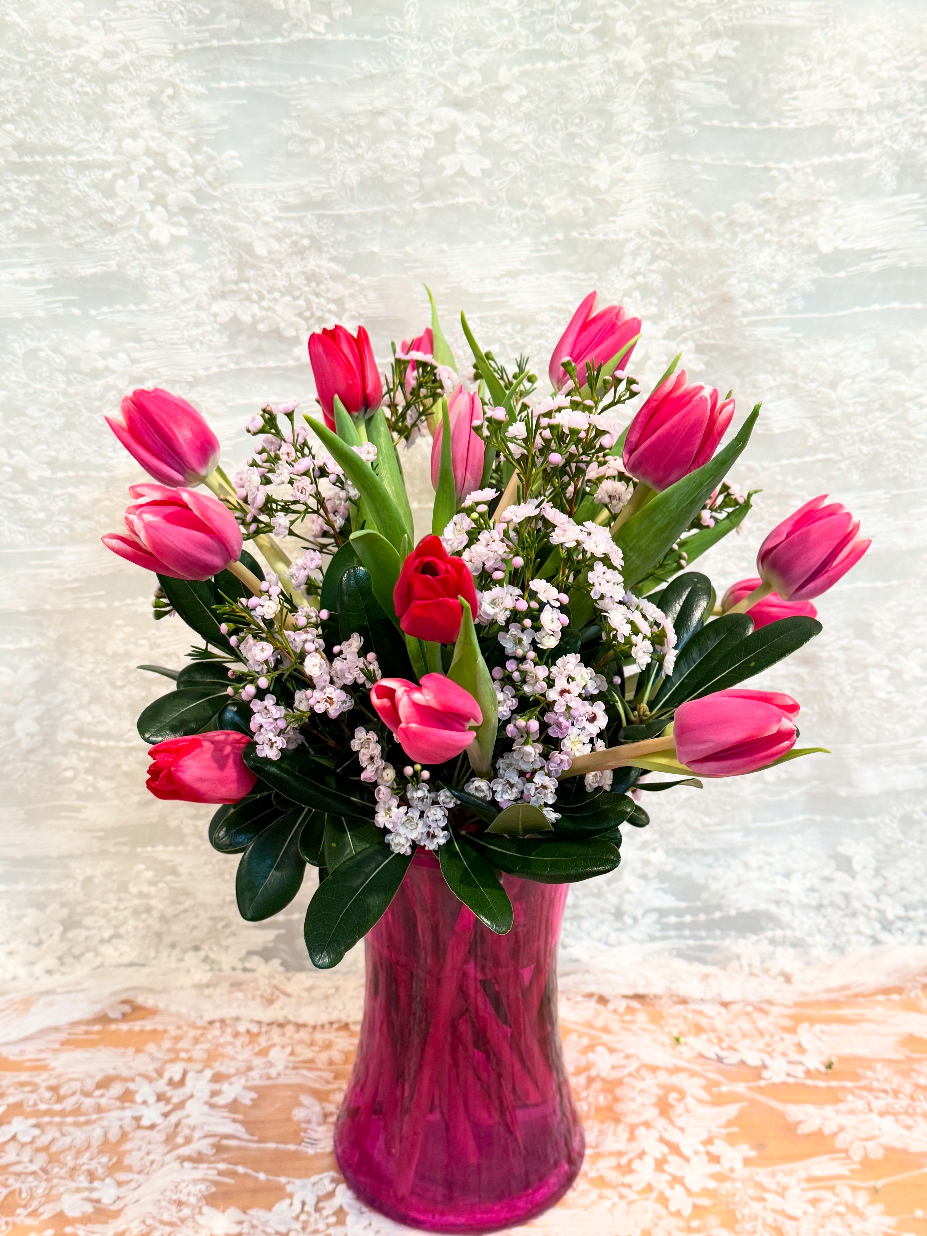 Spring Tulips - Dark pink tulips with wax flower