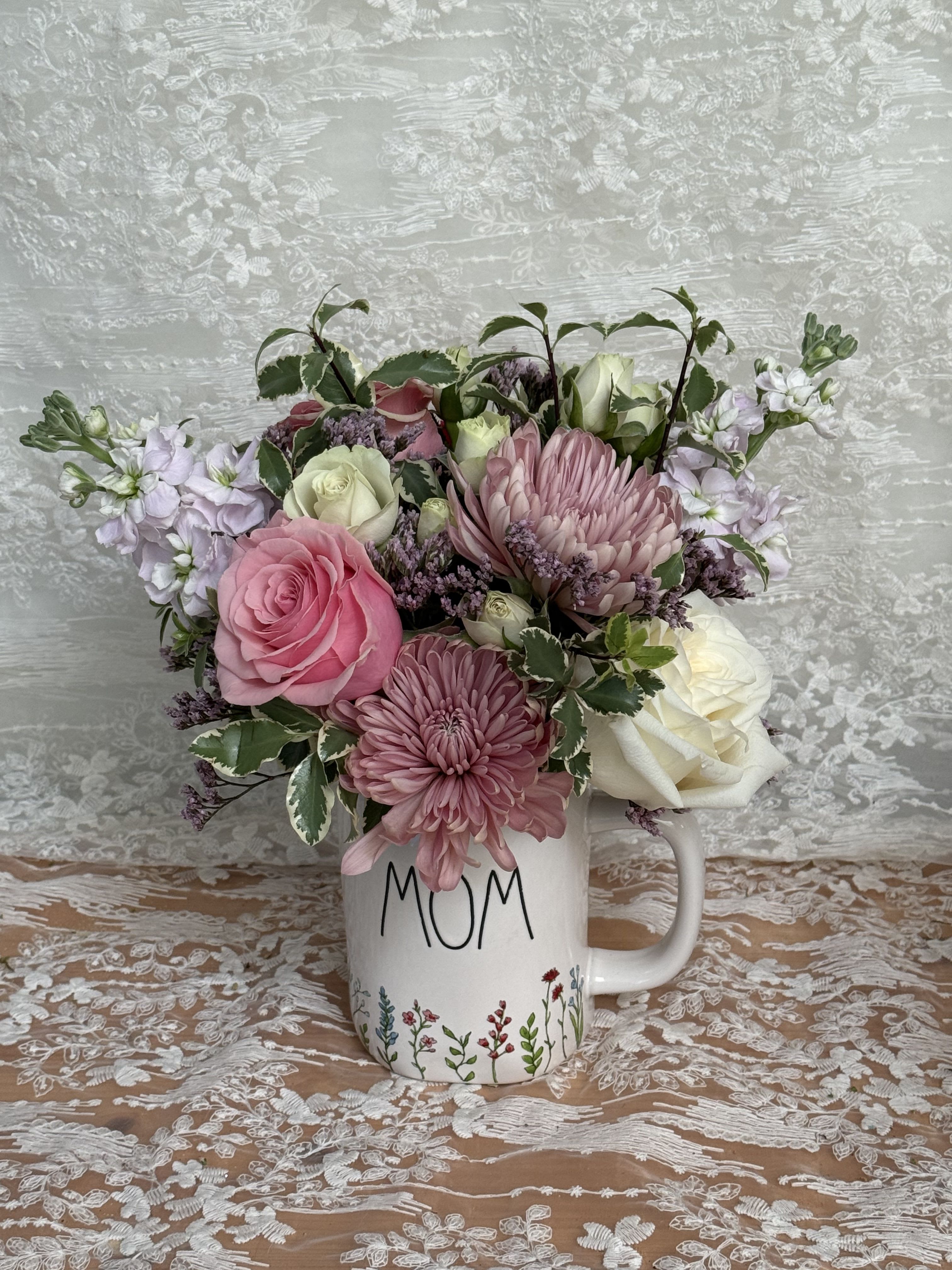 Decaf Bloom  - Coffee mug filled with a mixture of flowers and seasonal greens   Great gift for a mom, aunt, grandma or sister