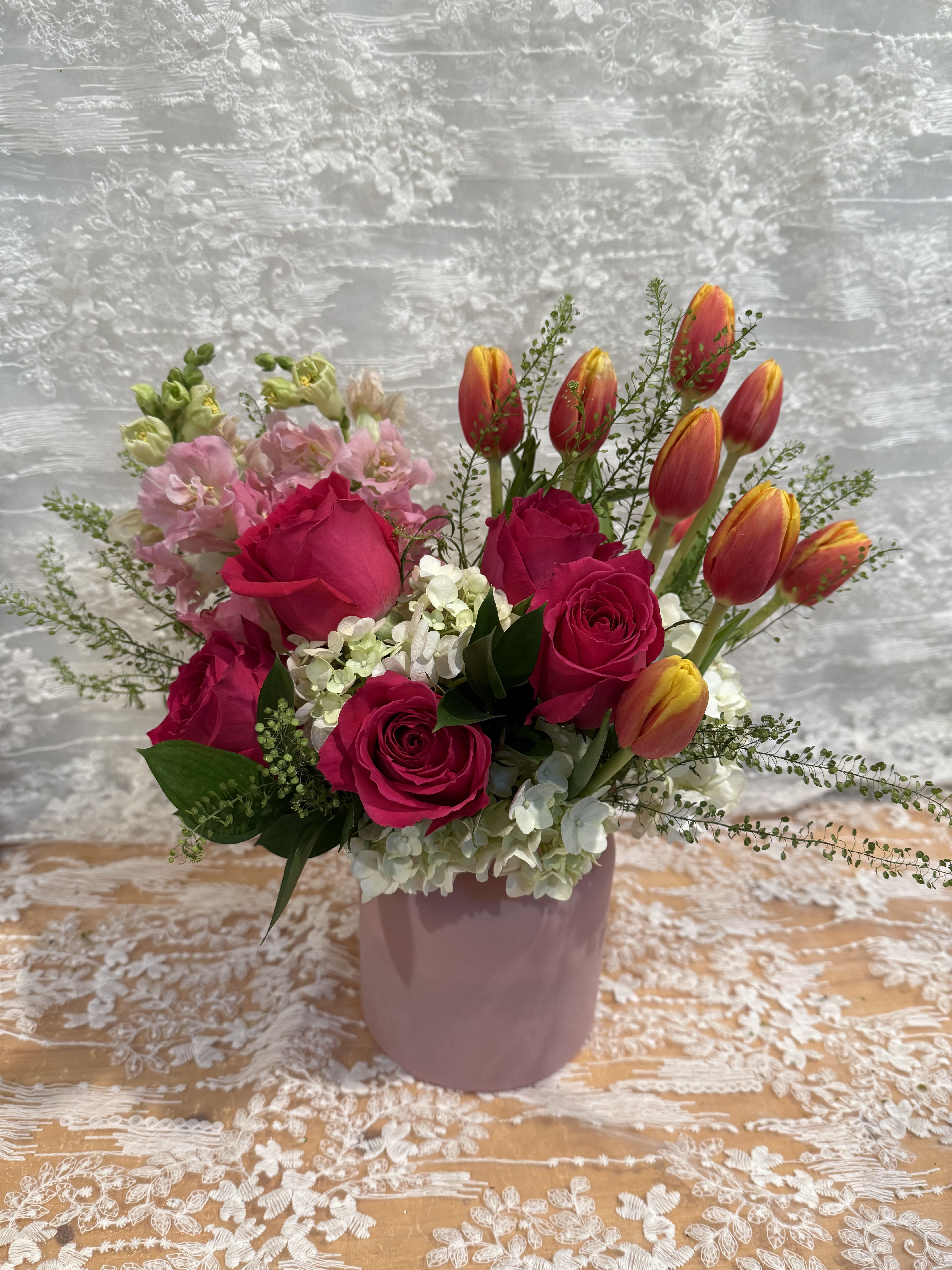 Appreciation Blooms - Hot pink roses, pink snap dragons, white hydrangeas and orange tulips 