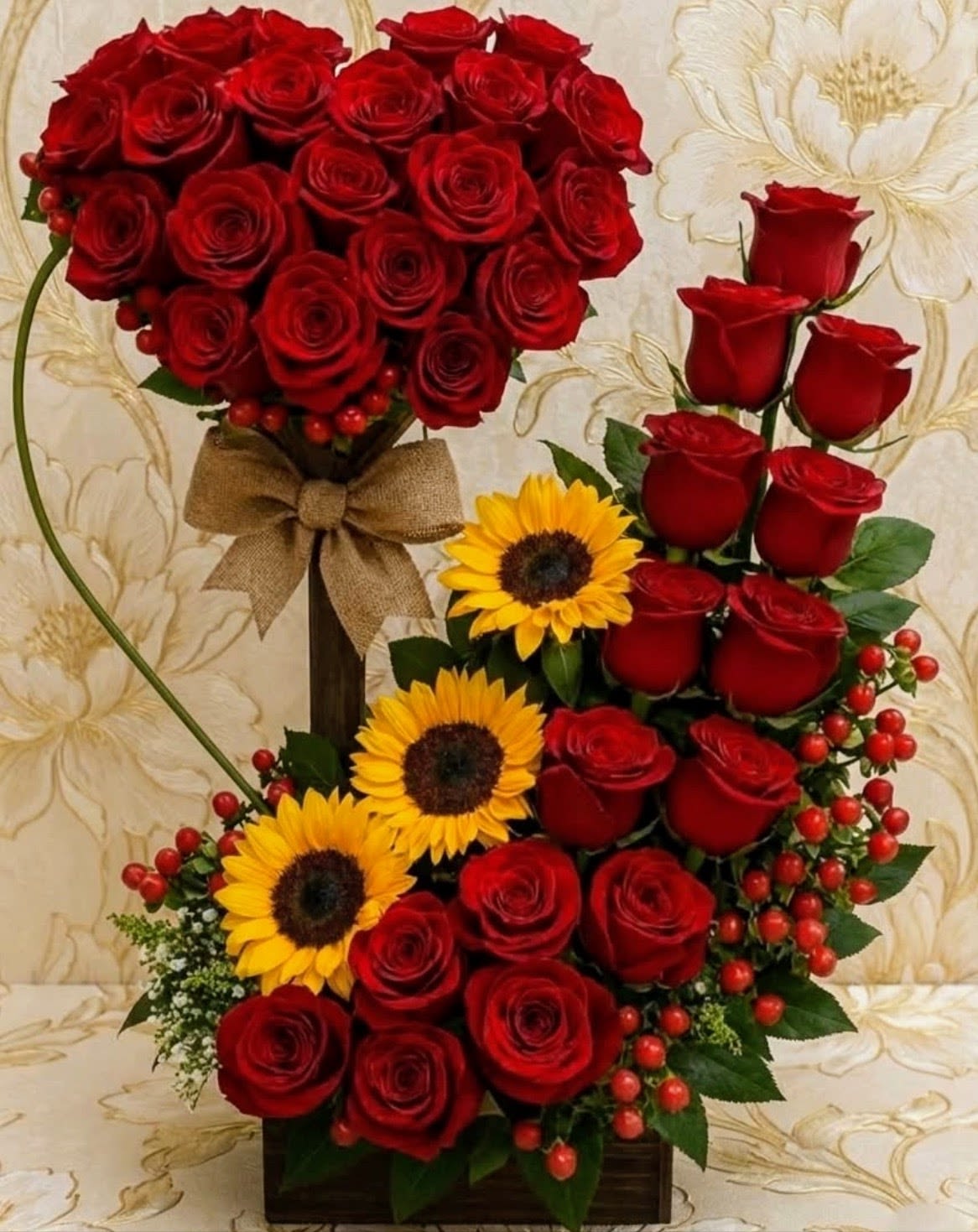 Letra de Amor - Custom letter flower arrangement by Snyder Flowers in San Antonio featuring red roses, sunflowers, hypericum berries and fresh greenery designed in a unique initial shape with same day delivery perfect for birthdays, anniversaries and special personalized gifts
