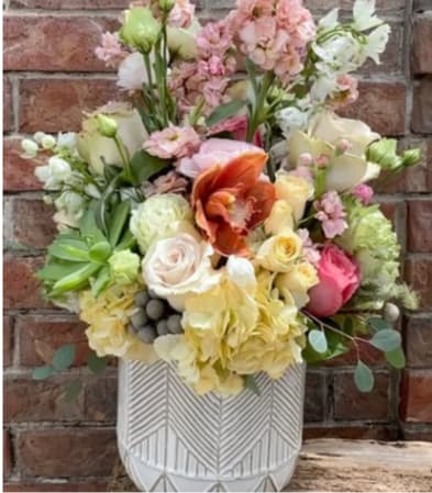 Pastel Garden Roses &amp; Orchid Arrangement – Same Day Delivery San Antonio - Elegant pastel flower arrangement in San Antonio by Snyder Flowers featuring fresh garden roses, orchids, hydrangeas, ranunculus, snapdragons, lisianthus and premium greenery designed in a modern ceramic vase perfect for Mother’s Day, birthdays, anniversaries and special occasions with same day flower delivery in San Antonio, high quality fresh flowers and affordable prices for a sophisticated and unique floral design