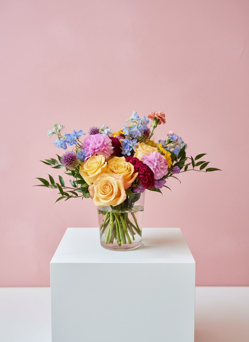 Mixed bouquet of yellow, pink, and blue flowers in a clear glass vase