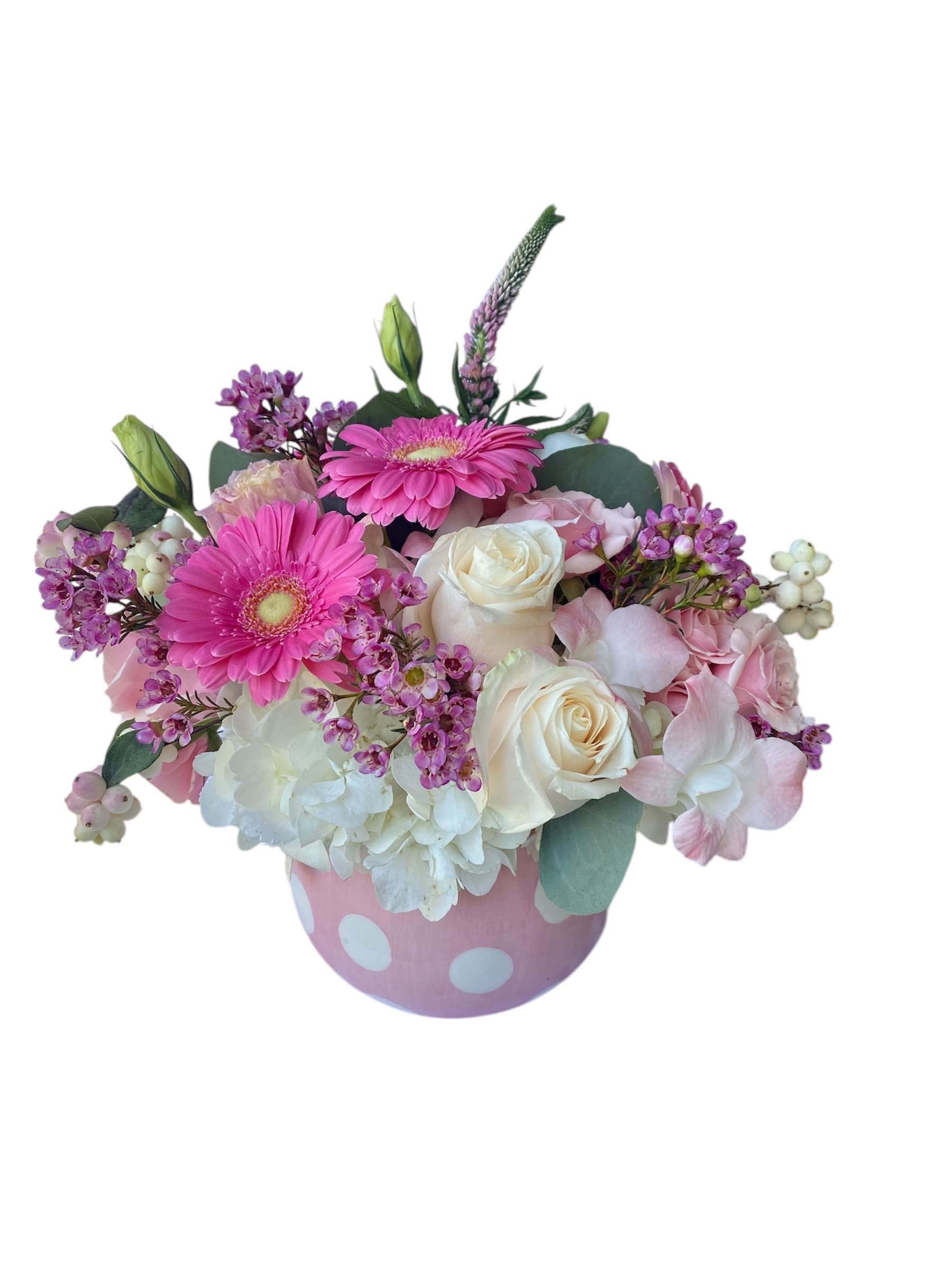 Pink and white bouquet in a polka-dot hatbox
