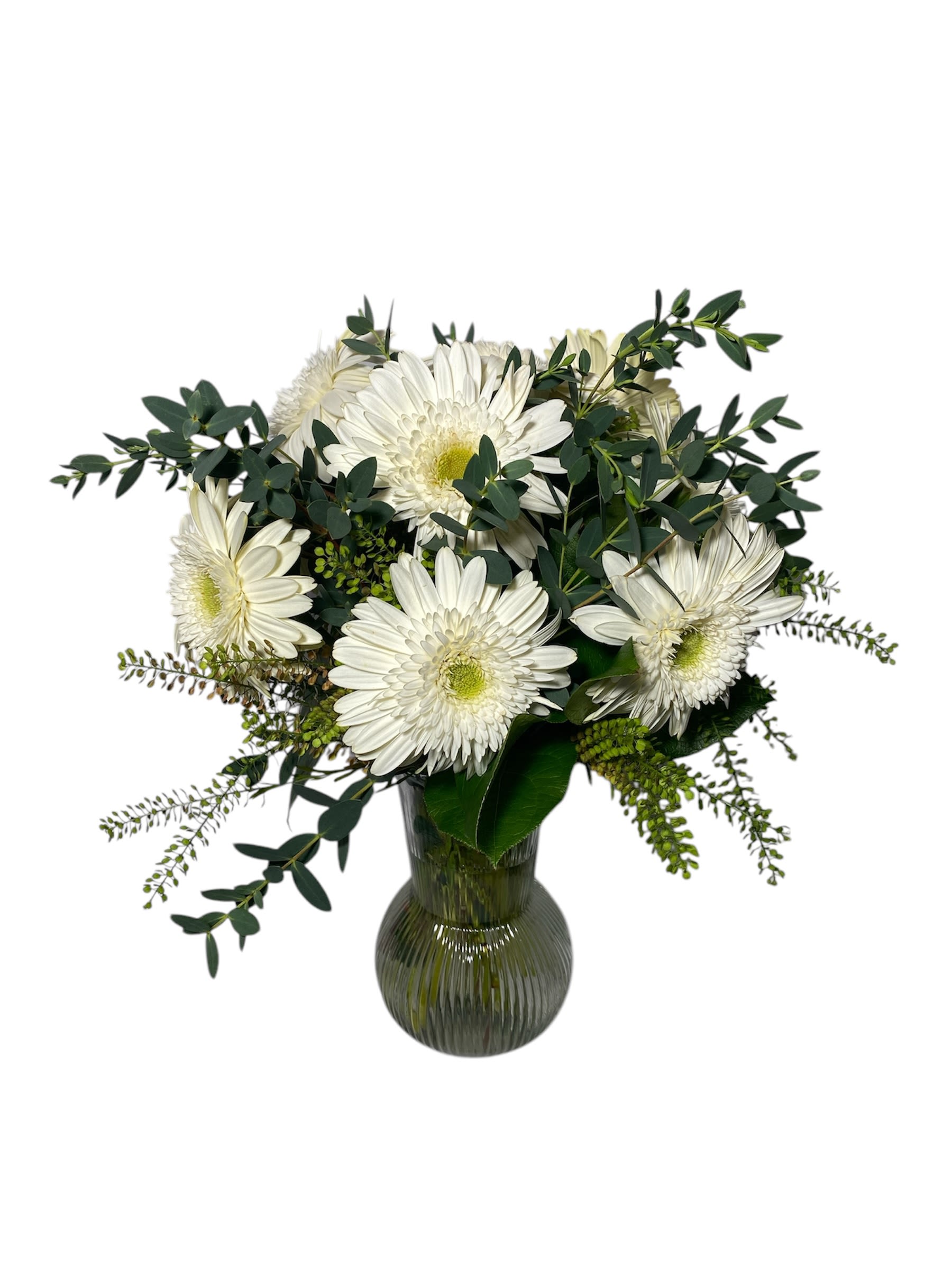 White daisy bouquet in a dark glass vase