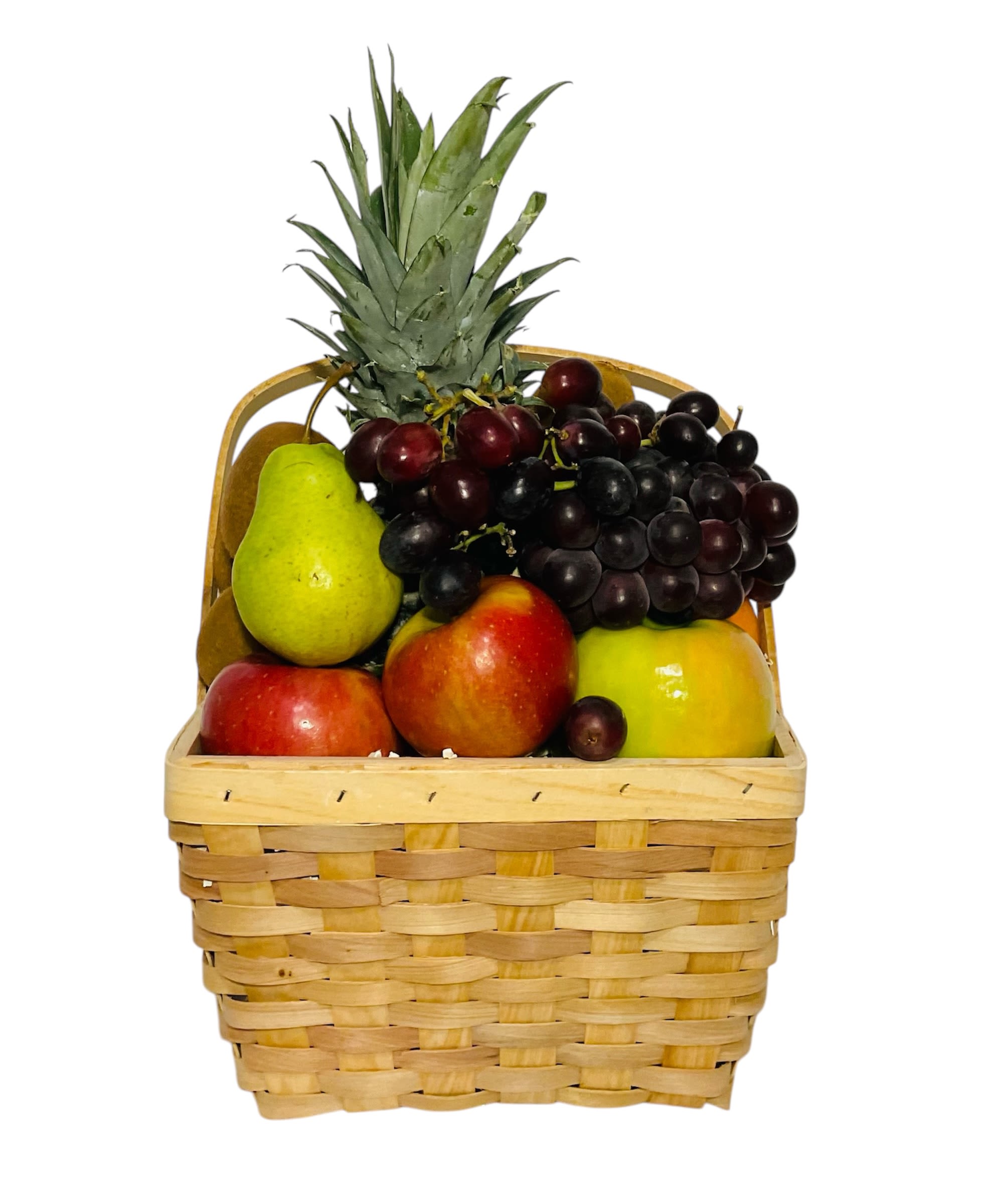 Fruit basket with pineapple, grapes, pears, apples, and mangoes