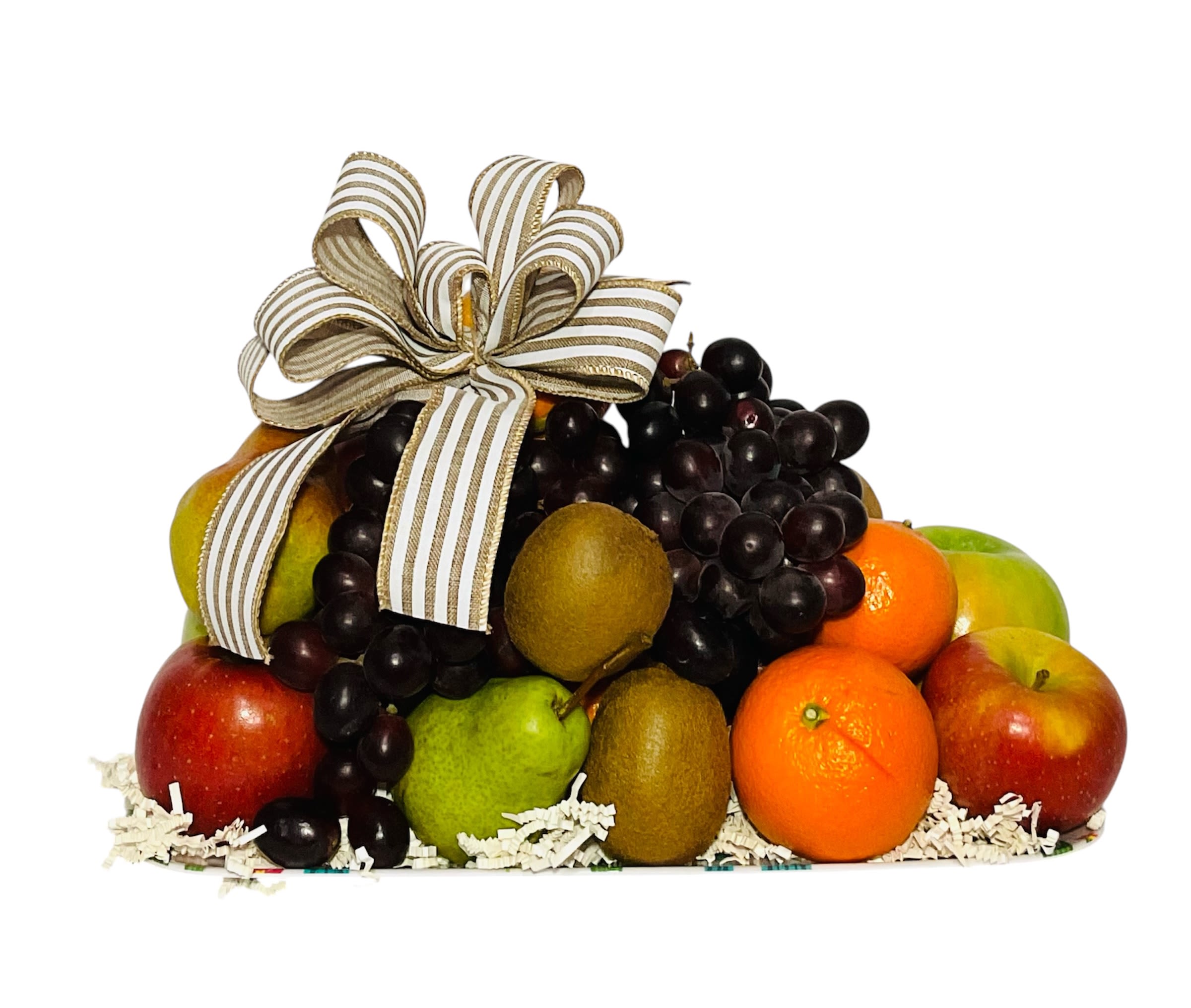 Fruit basket with grapes, apples, pears, and oranges topped by a striped ribbon bow