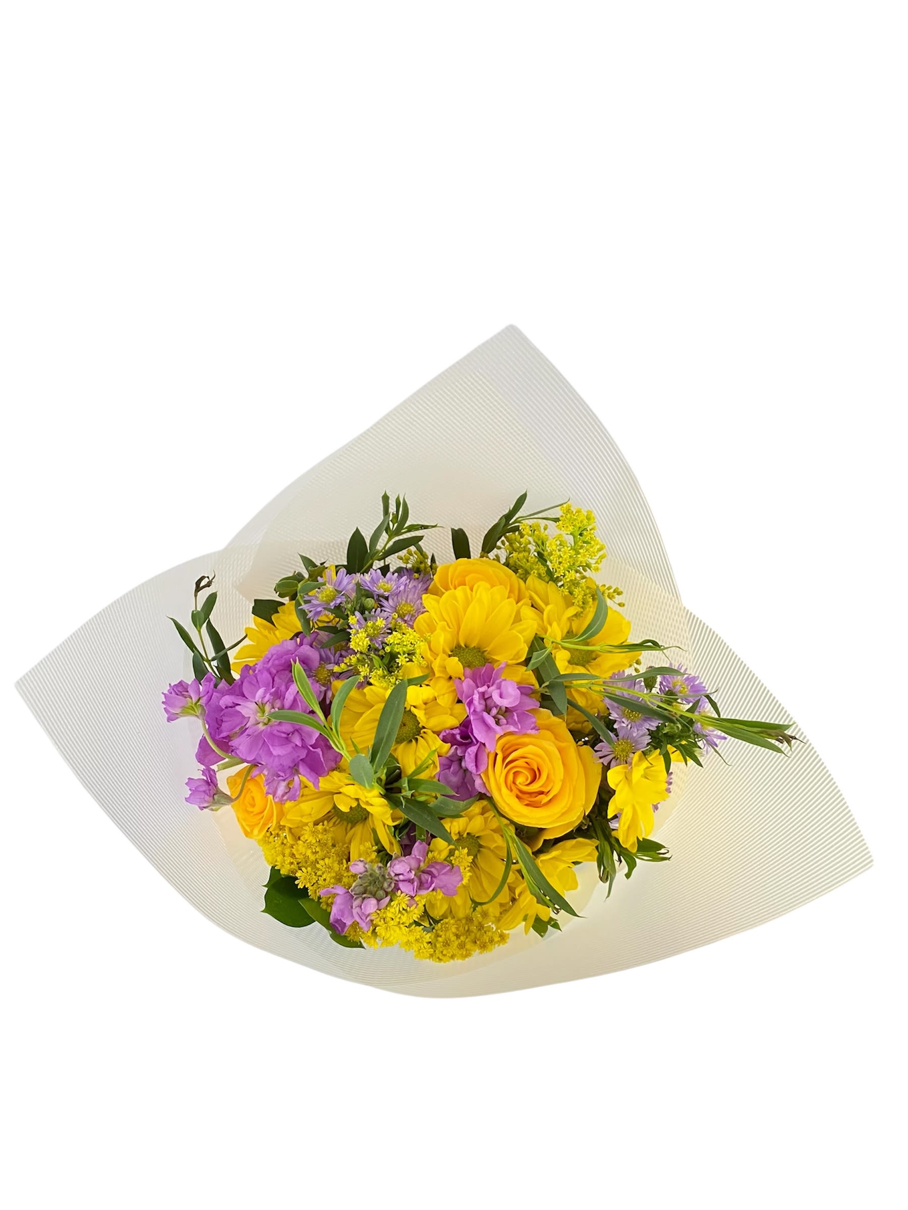 Yellow and purple mixed bouquet wrapped in white paper