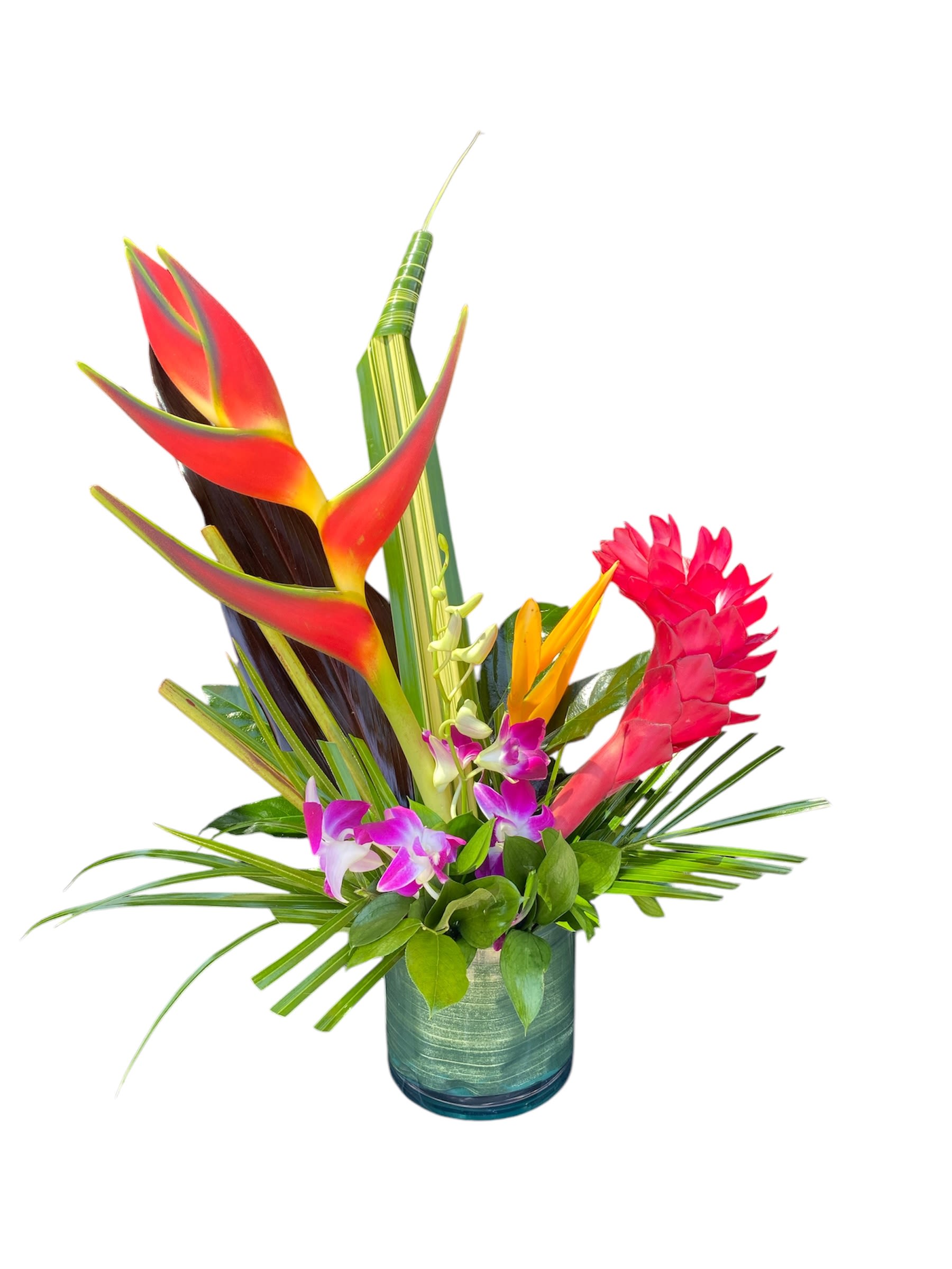 Tropical flower arrangement in a blue glass vase with red heliconia and purple orchids
