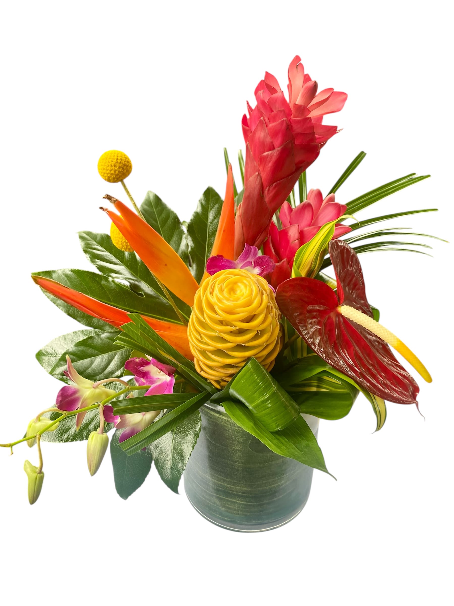 Tropical bouquet in a gray vase with red, orange, and yellow blooms