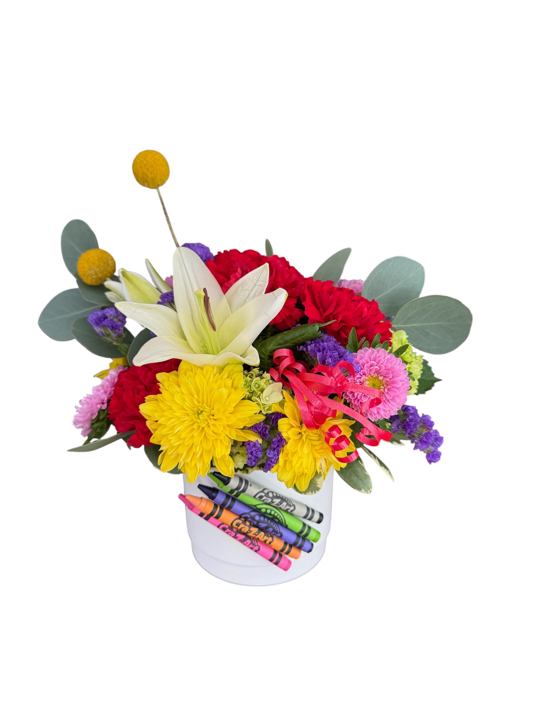 Colorful bouquet in a white bucket with crayons on the front