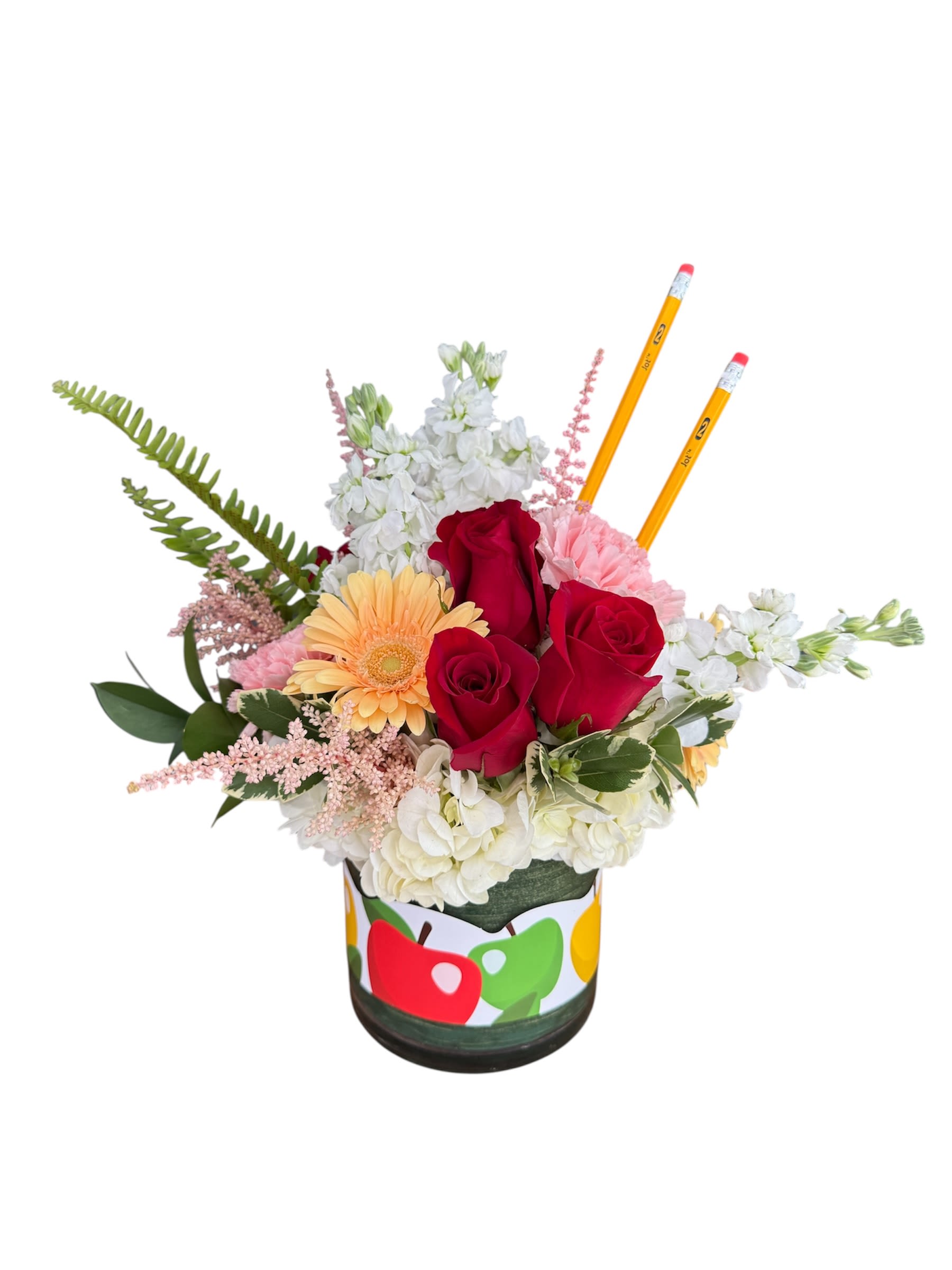 Bouquet of red roses, white blooms, and a peach gerbera in a decorated container with pencils