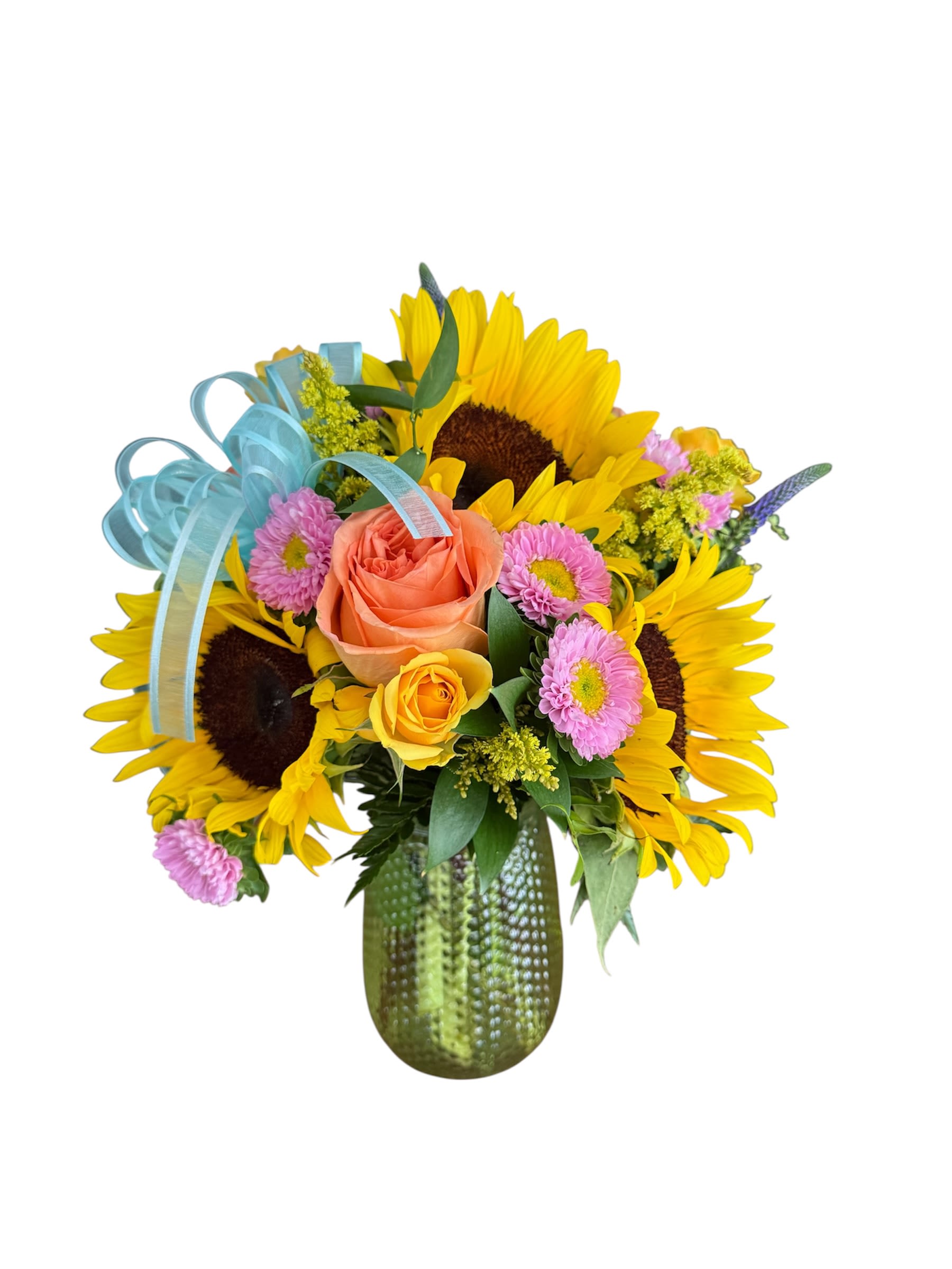Sunflower and rose bouquet in a green glass vase with blue ribbon