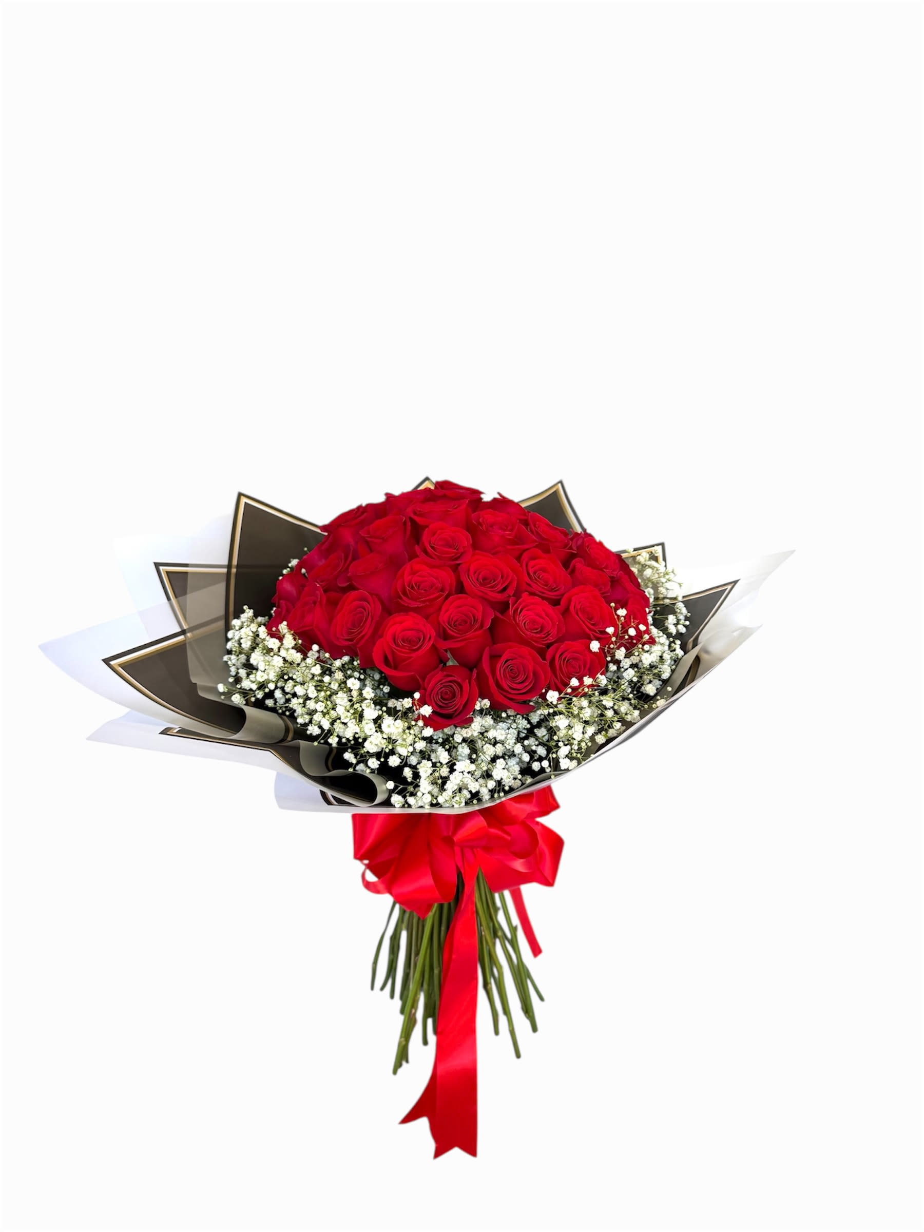 Bouquet of red roses with baby's breath and a red ribbon