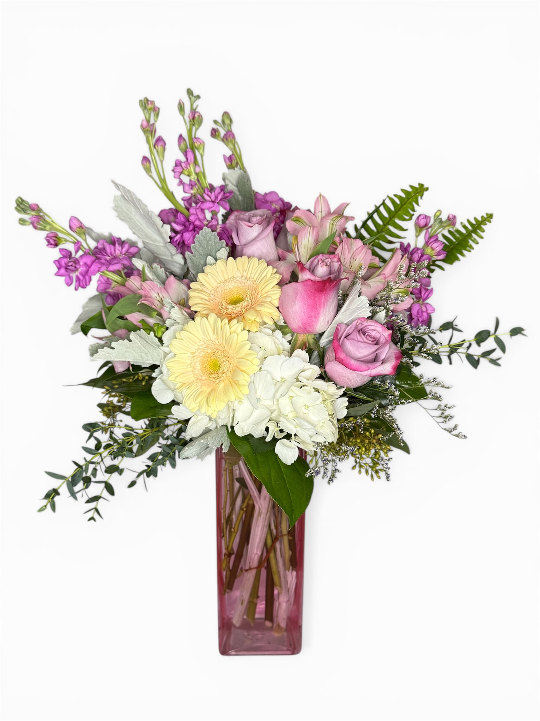 Love You Always Bouquet - A delicate blend of blush roses, creamy blooms, and soft lavender accents, artfully arranged in a pink glass vase.