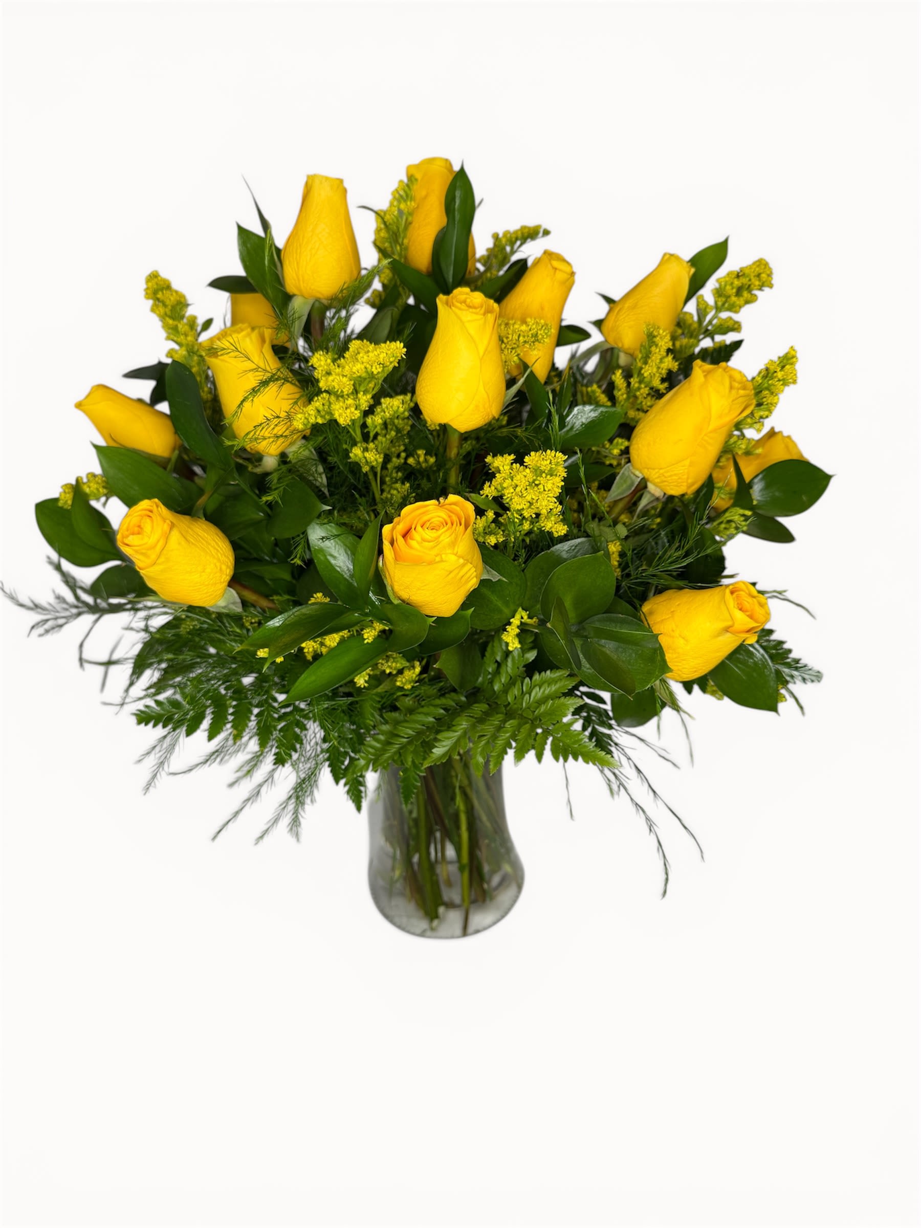 Citrus Rose - 12 yellow roses gracefully arranged with greens and filler accents in a glass modern vase.