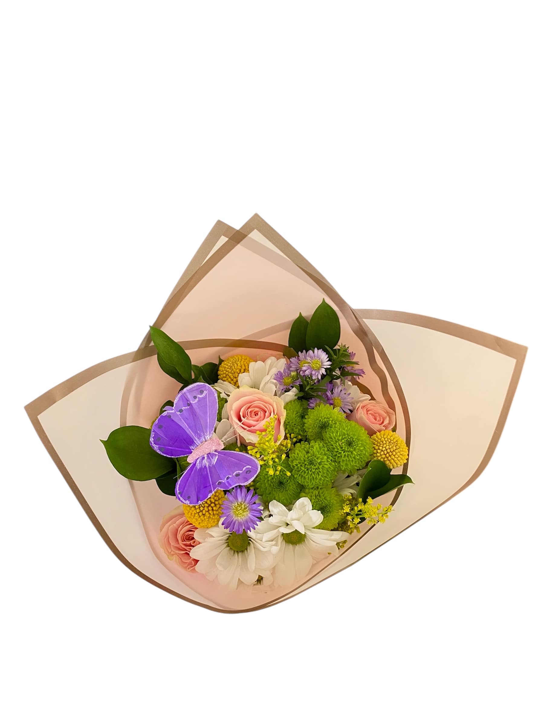 Mixed bouquet with pink roses, white daisies, and green pompons in paper wrap